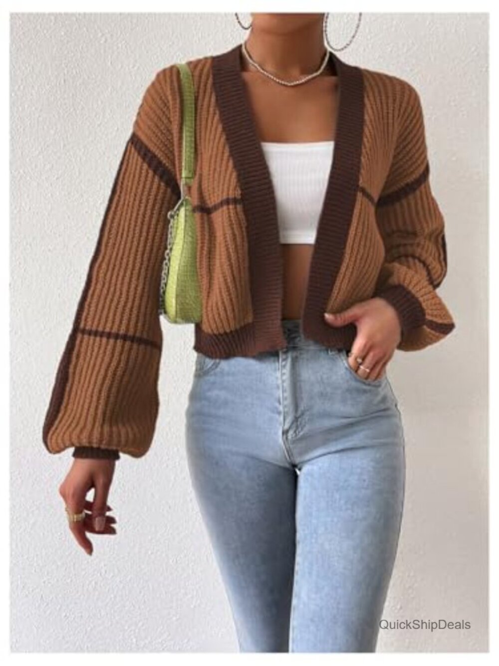 Color Block Crop Cardigan Bishop Long Sleeve Open Front Sweater - Picture 3 of 7